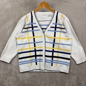 Liz Golf Cardigan Women White Blue Yellow Plaid V Neck Button Sweater XL Cotton